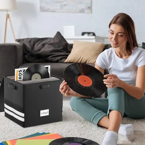 onvvippiv Large Vinyl Record Storage Box Fireproof Waterproof with Lock | 13"x13"x13" | Holds 100+ Records thumbnail 5
