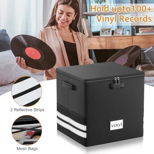 onvvippiv Large Vinyl Record Storage Box Fireproof Waterproof with Lock | 13"x13"x13" | Holds 100+ Records thumbnail 3
