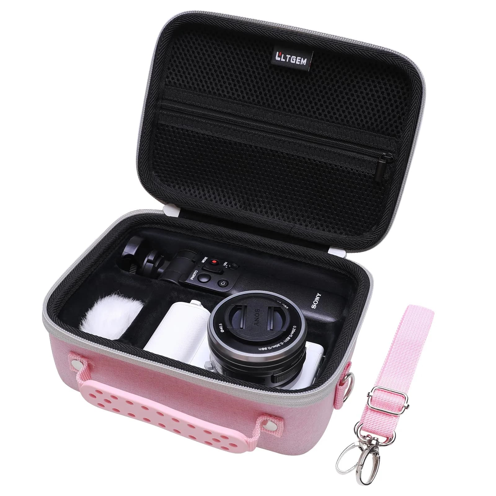 LTGEM Camera Case for Sony Alpha ZV-E10 / ZV-1F / ZV-1 / ZV-1 II Vlog Camera, 20.3cm x 15.2cm x 10.4cm (8" x 6" x 4.1") | Shockproof EVA Travel Bag with Strap — Pink+Black