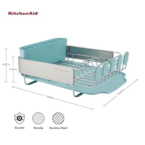 KitchenAid Compact Rust Resistant Dish Rack with Removable Flatware Caddy & Self-Draining Drainboard | Mineral Water thumbnail 2