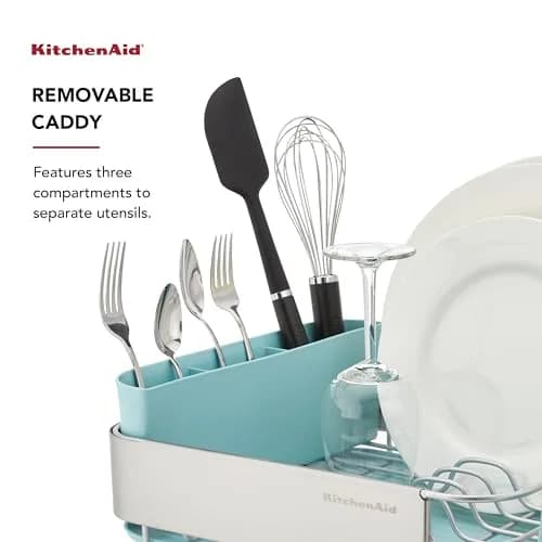 KitchenAid Compact Rust Resistant Dish Rack with Removable Flatware Caddy & Self-Draining Drainboard | Mineral Water thumbnail 4