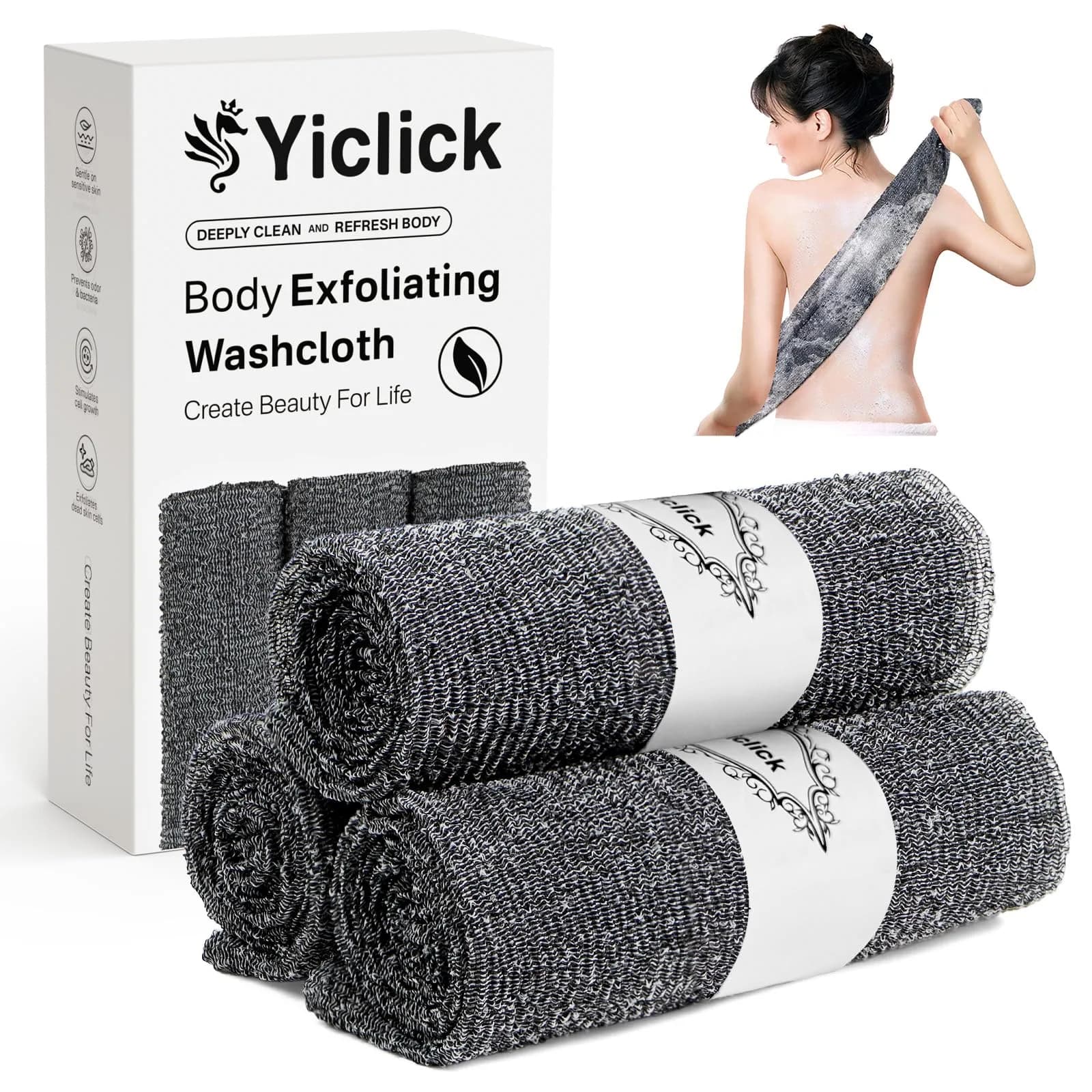 Yiclick Exfoliating Washcloth Towel Set - 3 Pack Aqua Blue Back Scrubber for Shower Bath | 86 cm (34.5 inches) — Gray