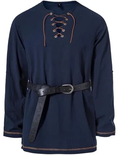 JEMITOP Men's Pure Cotton Vintage Renaissance Costume Shirt Navy Blue XXL | Breathable Fabric for Indian Climate thumbnail 2
