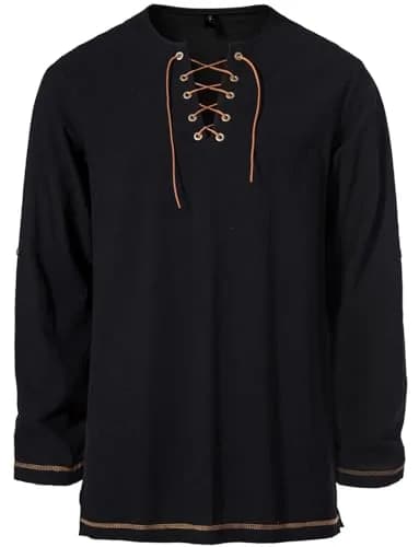 JEMITOP Men's Pure Cotton Vintage Renaissance Costume Shirt Black | Long Sleeve thumbnail 4