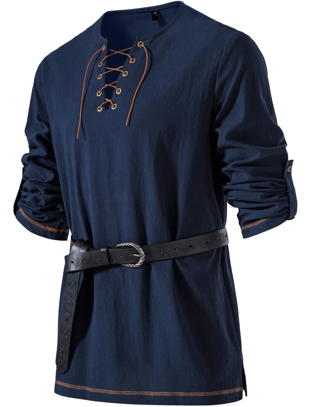 JEMITOP Men's Renaissance Costume Retro Lace Up Shirt Navy Blue L | Authentic USA Import for Indian Cosplay