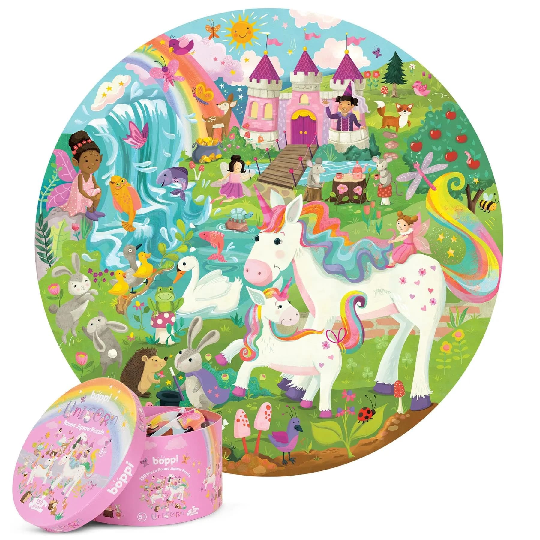 boppi Round 150 Piece Jigsaw Puzzle for Kids 5-8 | Unicorn Fantasy Scene | Eco-Friendly Recycled Cardboard - main product image