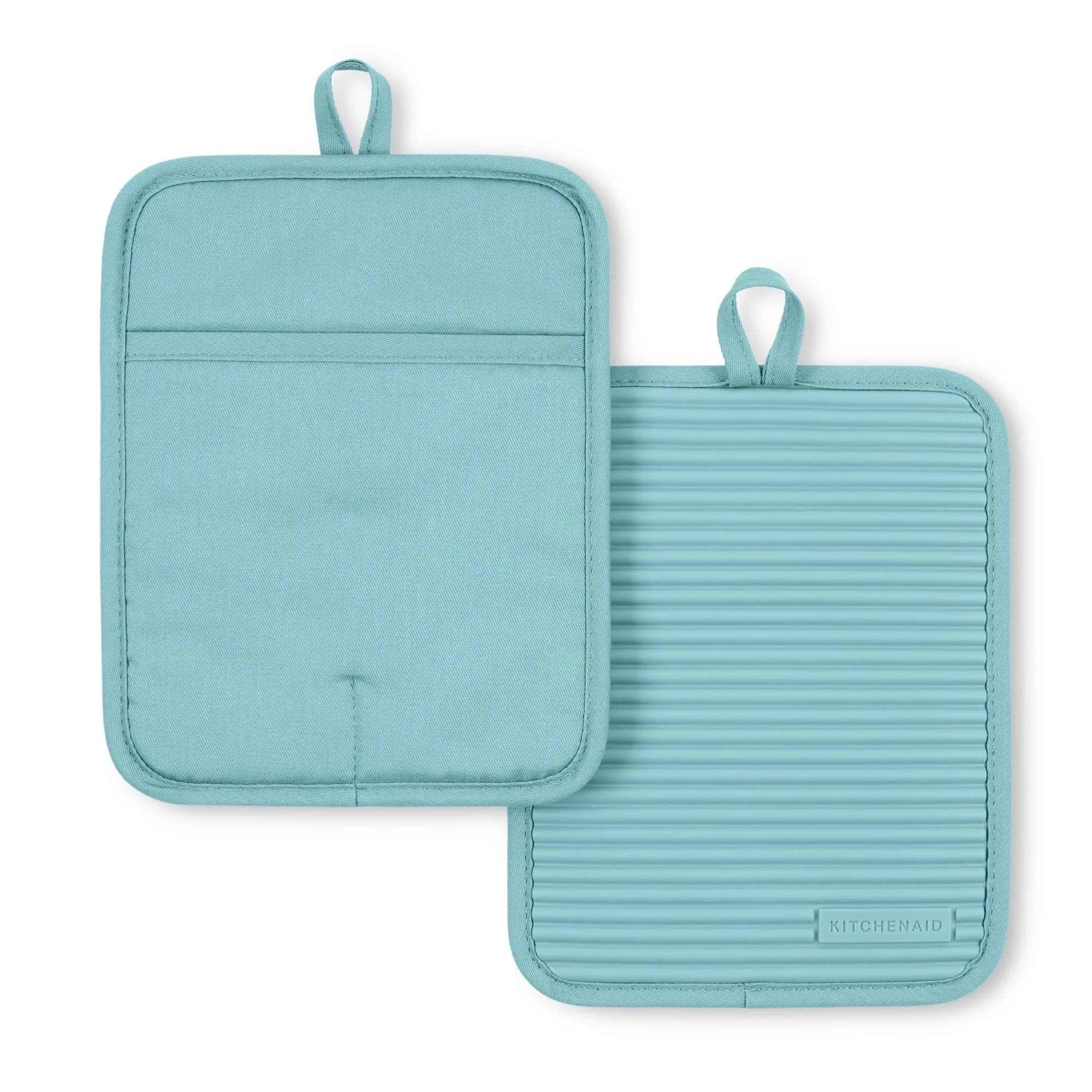 KitchenAid Ribbed Soft Silicone Pot Holder 2-Pack Set, Mineral Water Aqua, 18cm (7") x 23cm (9") | Heat Resistant Up to 260°C (500°F)