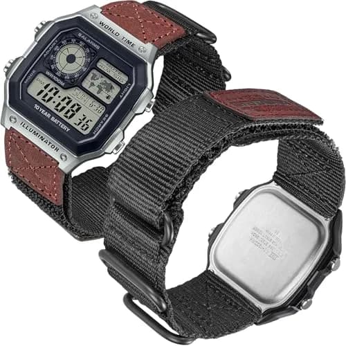 hemsut h 18mm Military Nylon Watch Band for Casio AE-1200, DW-5600, F-91W, A168W | Adjustable Hook & Loop Closure thumbnail 1