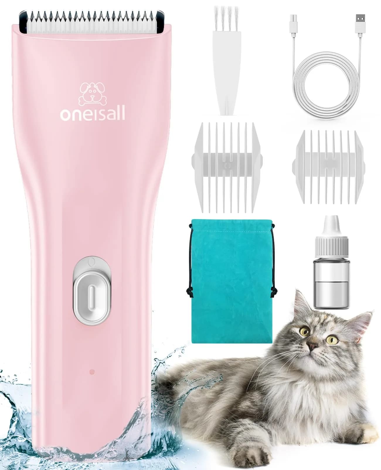 oneisall Pet Clippers for Cat Matted Hair, Quiet Pet Shaver with Storage Bag, 90-Min Runtime — Pink / Standard
