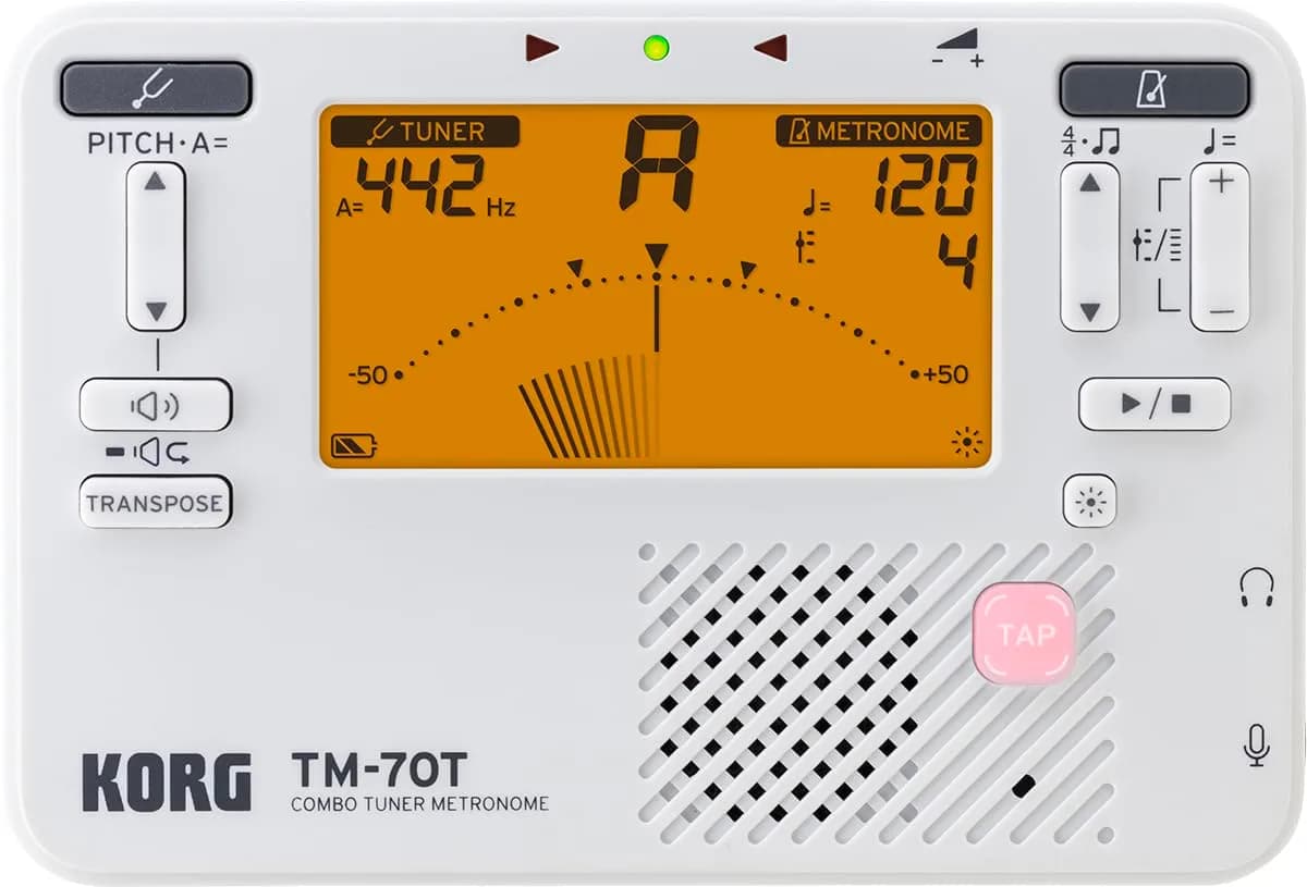 KORG TM-70T Tuner and Metronome with Sound Out, Transpose & Chromatic Modes - White | Compact, Accurate & Versatile - main product image