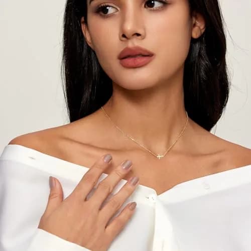 HERIER Sideways Cross Necklace for Women 14K Gold Plated 16.5" (41.9 cm) | Dainty Cute Cross Pendant Necklace thumbnail 2
