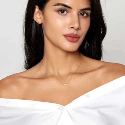 HERIER Sideways Cross Necklace for Women 14K Gold Plated 16.5" (41.9 cm) | Dainty Cute Cross Pendant Necklace thumbnail 3
