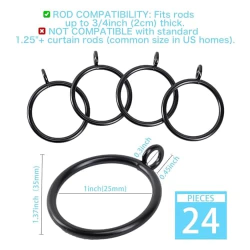Exselens Black Metal Curtain Rings with Eyelet, 1 Inch Inner Diameter, 24 Pcs | Heavy Duty Drapery Rings for Rods thumbnail 2
