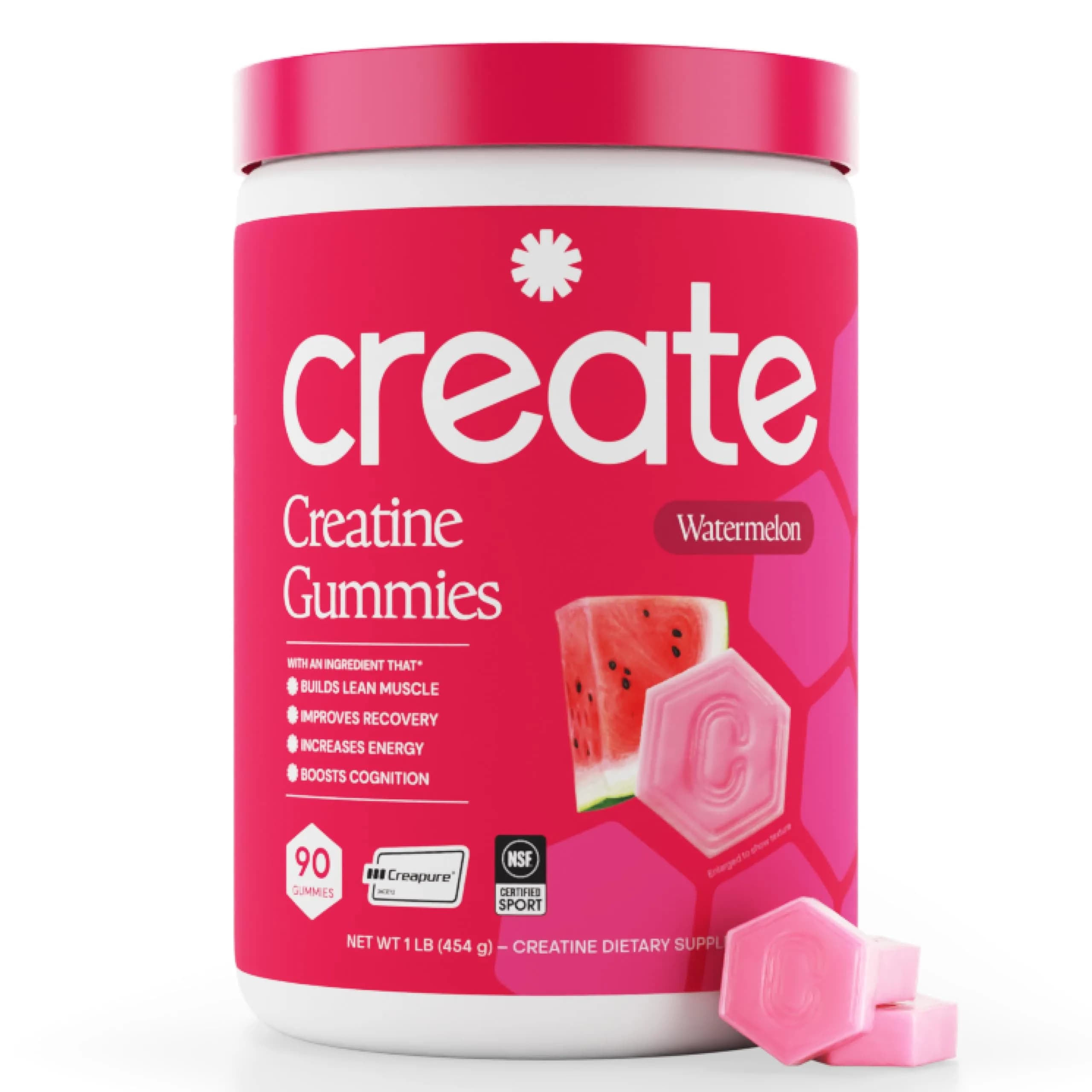 Create Creatine Monohydrate Gummies for Men & Women, Boost Focus, Strength, and Endurance, Anti-Melting Formula, Vegan, Gluten-Free, Non-GMO, 1.5g of Creatine per Gummy (Sour Green Apple) | 90 Count — Watermelon