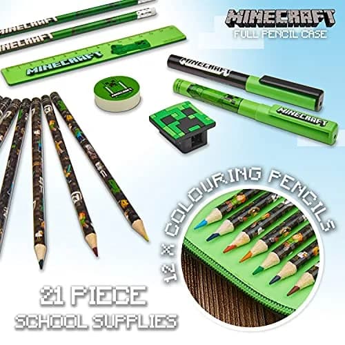 Minecraft Kids Pencil Case Stationery Set with Notebook, Colored Pencils, Pens, Ruler, Eraser & Sharpener | Black Aop thumbnail 5