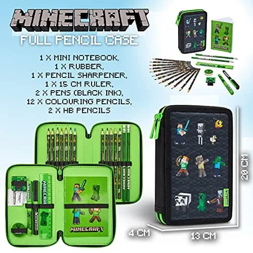 Minecraft Kids Pencil Case Stationery Set with Notebook, Colored Pencils, Pens, Ruler, Eraser & Sharpener | Black Aop thumbnail 7