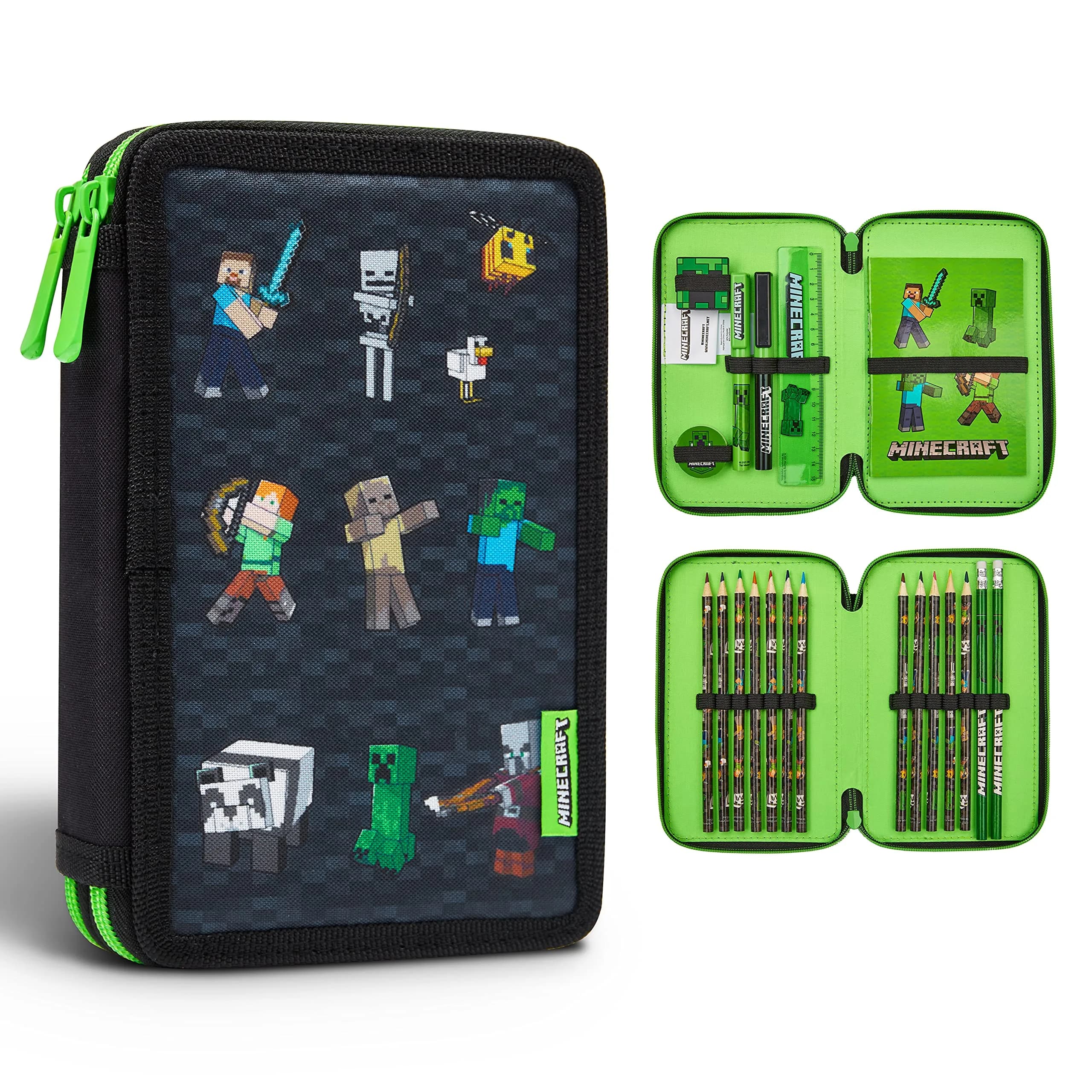 Minecraft Kids Pencil Case Stationery Pens Colored Pencils Notebook School Supplies Gamer Gifts for Boys (Black) | 2 Compartment Zippered Organizer — Black Aop