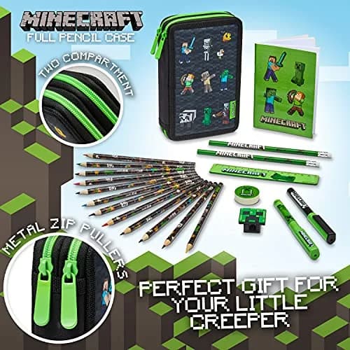 Minecraft Kids Pencil Case Stationery Set with Notebook, Colored Pencils, Pens, Ruler, Eraser & Sharpener | Black Aop thumbnail 2
