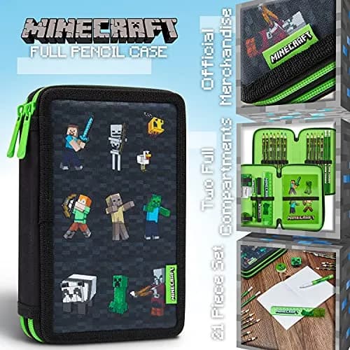 Minecraft Kids Pencil Case Stationery Set with Notebook, Colored Pencils, Pens, Ruler, Eraser & Sharpener | Black Aop thumbnail 3