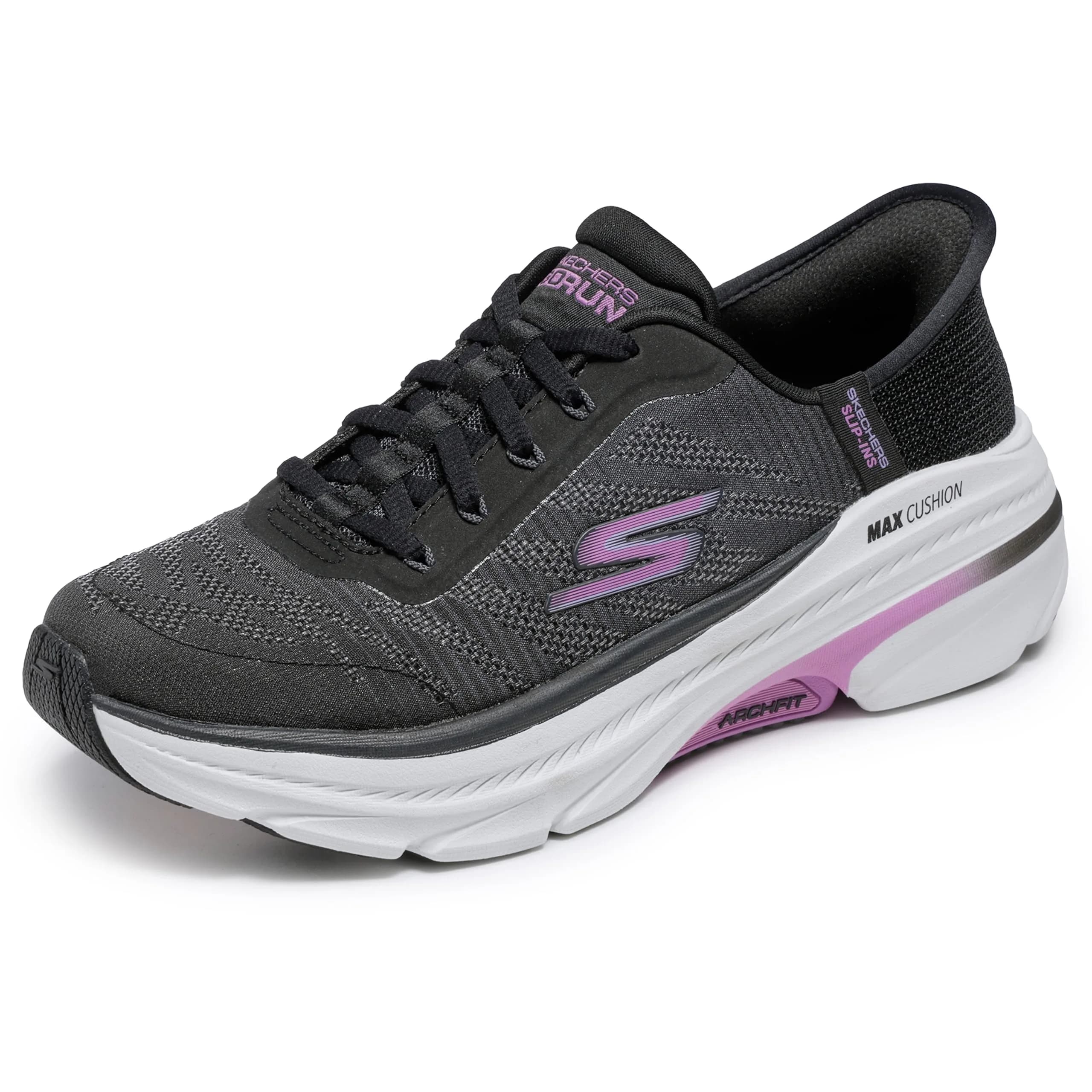 Skechers Women's Max Cushioning Arch Fit 2.0 Adelphi Slip-Ins Sneaker Black/Lavender 2.54cm (1 inch) Heel | Podiatrist-Certified Arch Support — Black/Lavender / 7.5
