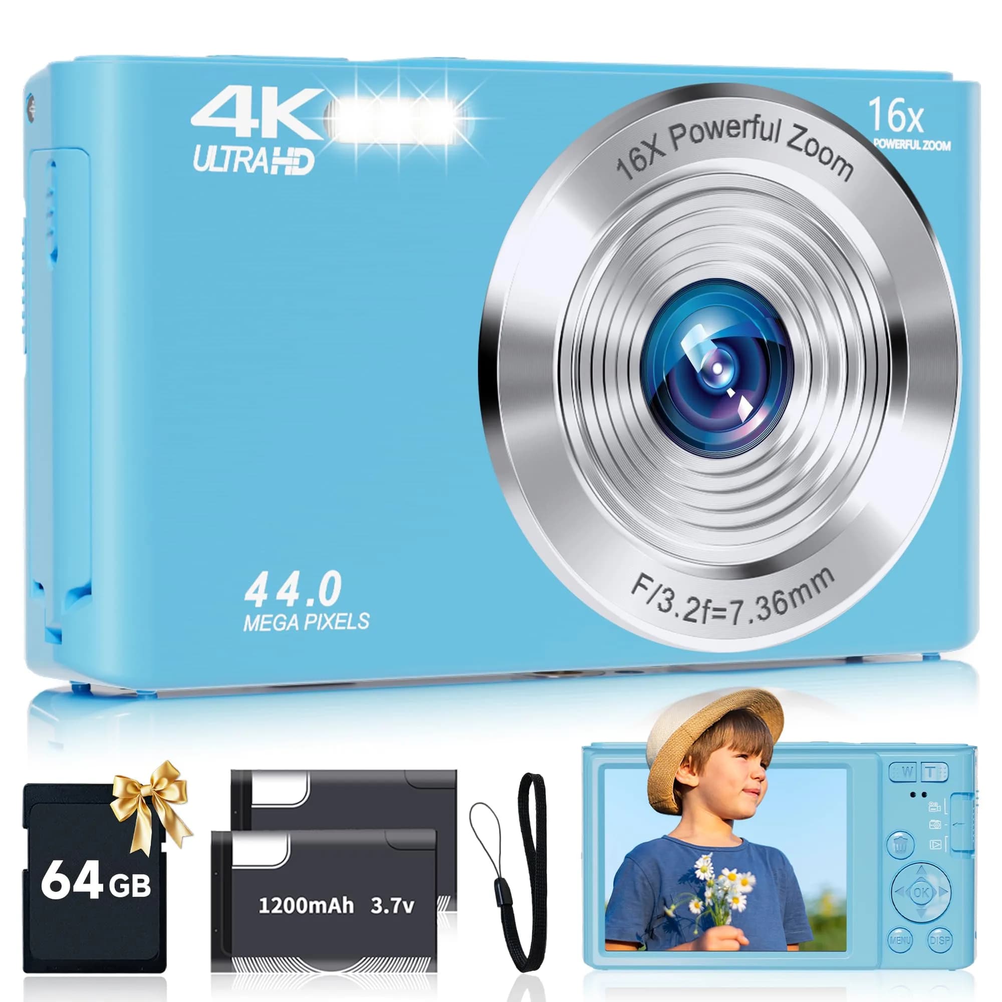 SMARTKLIK Digital Camera for Teens, FHD 4K 44MP with 64GB SD Card, 16X Digital Zoom, Compact Point Shoot Camera Blue | 44MP CMOS Sensor - main product image