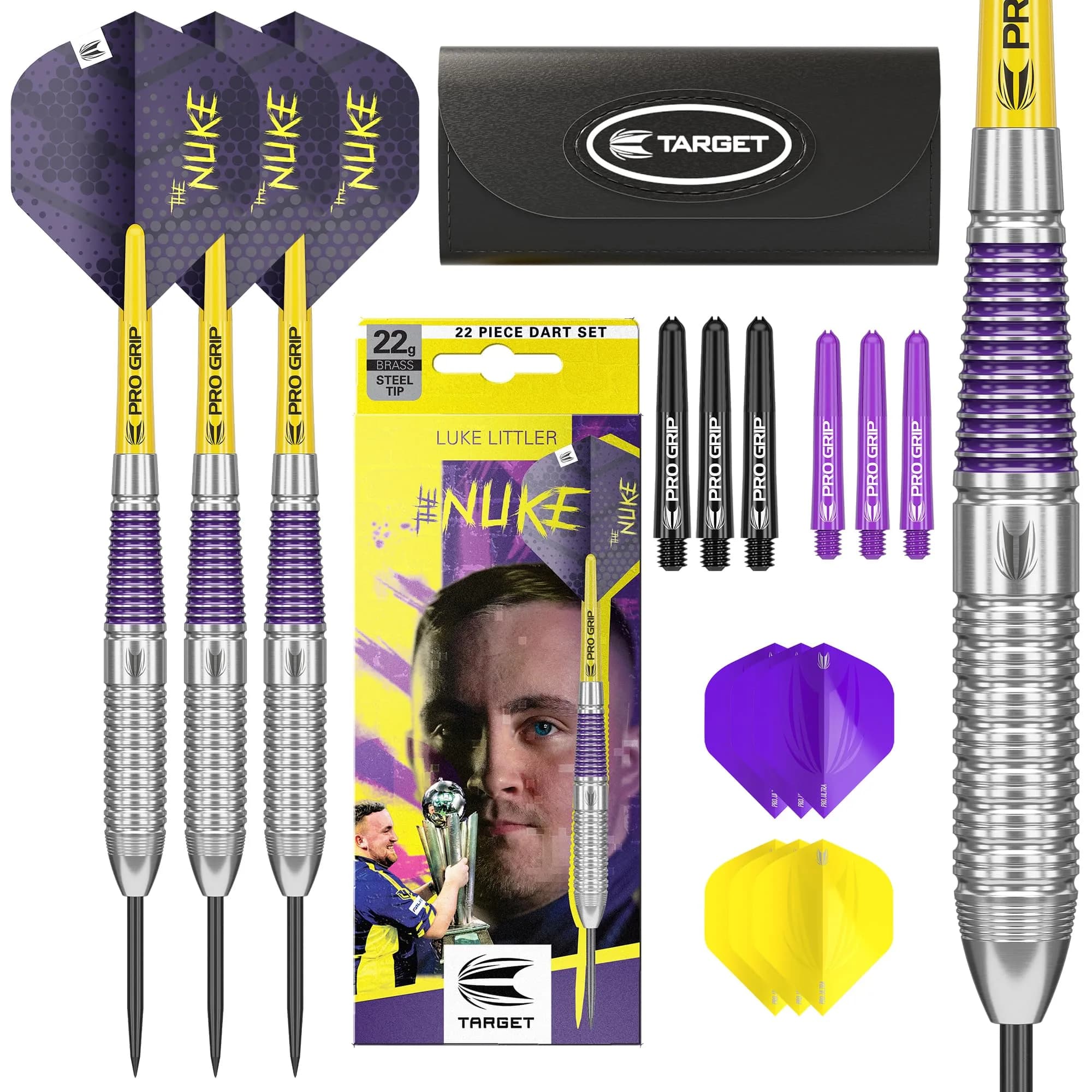 Target Darts Luke Littler Brass Steel Tip Darts Set – 22G Steel Tip Dart, The Nuke Player Edition, Dart Flights, Shafts & Dart Case Included - main product image