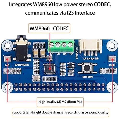 Wonrabai WM8960 Hi-Fi Sound Card HAT for Raspberry Pi 5/4B/3B+/3B/Pi Zero 2W/ Zero W/Pico W/Pico 2W, Stereo Encode/Decode, Play/Record, Drives Speakers | 96kHz Sample Rate thumbnail 5