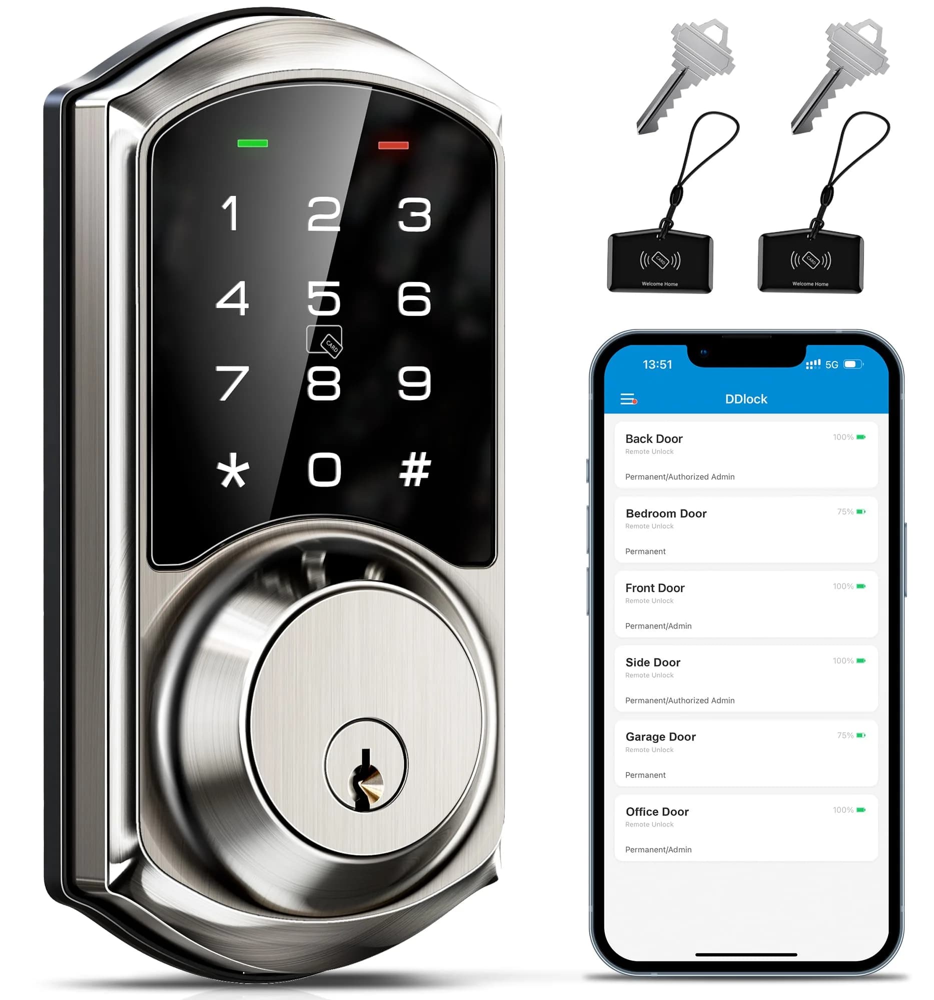 Veise VE06 Smart Lock for Front Door | App Control, Satin Nickel, Keypad, Auto-Lock - main product image