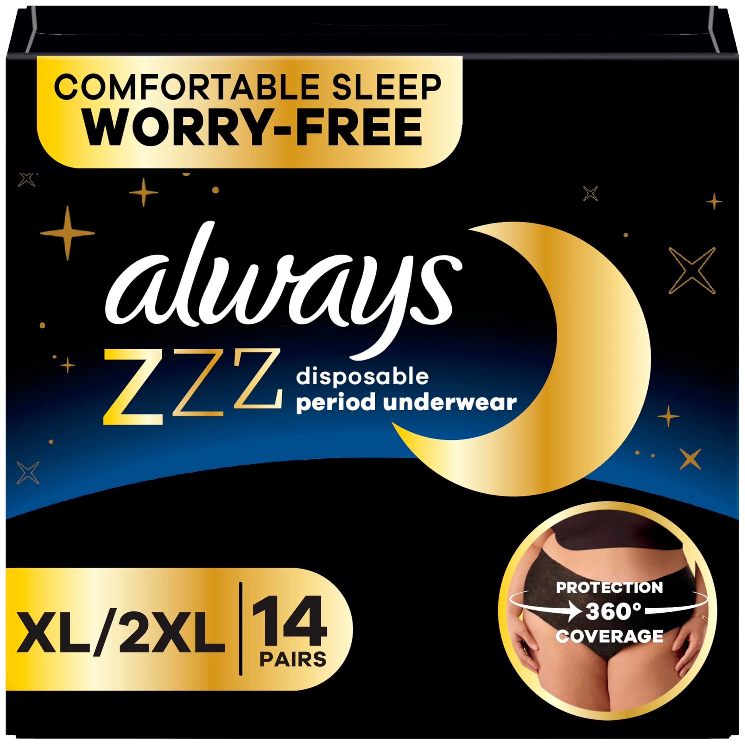 Always ZZZ Overnight Disposable Period Underwear for Women Extra Large/2LX, 14 Count | 360° Leak Protection - main product image