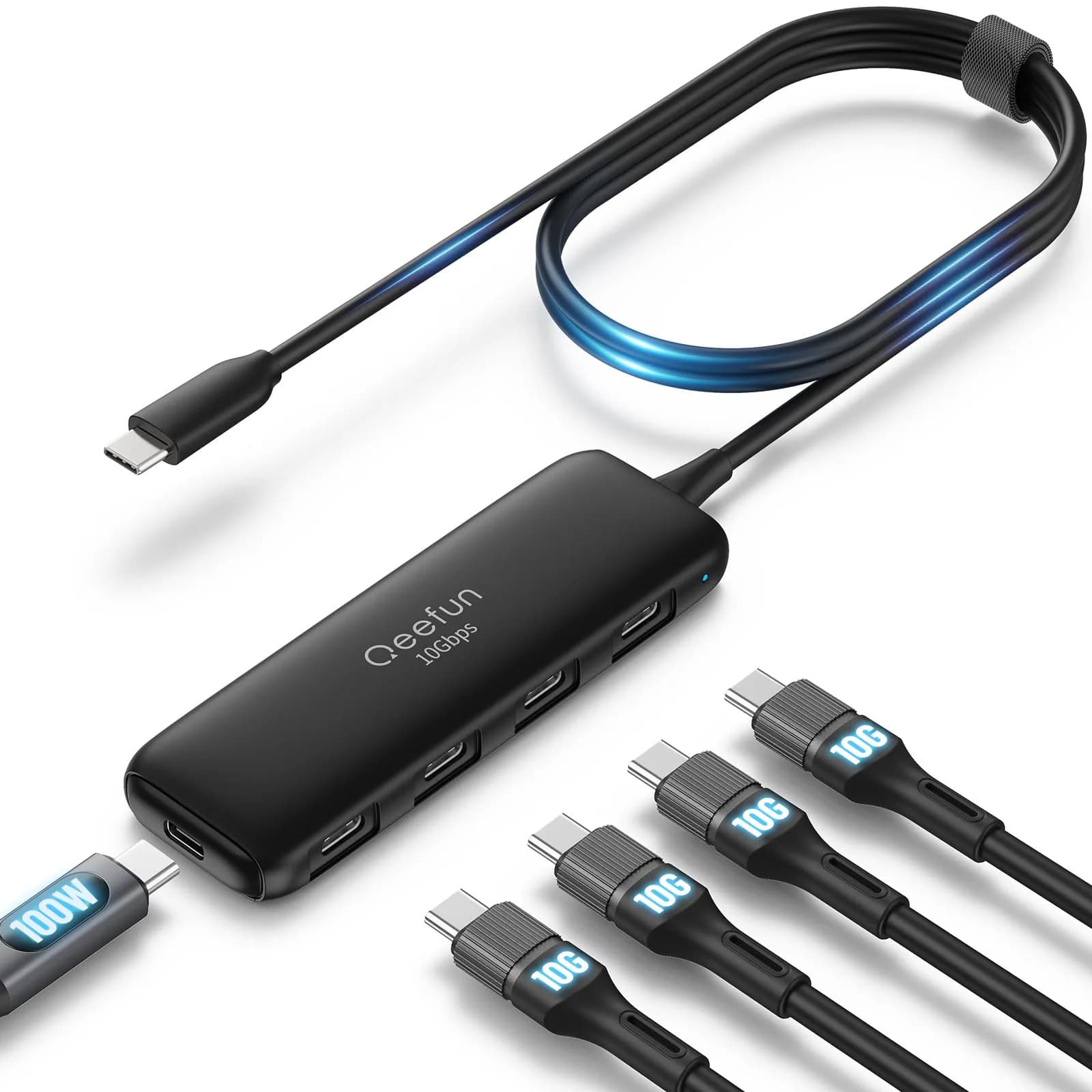 Q QEEFUN USB C Hub 10Gbps, 4-Port USB 3.2 Gen 2 Hub with 2 USB-C & 2 USB-A Ports, 100W PD Charging Port, Aluminum Casing — USB 3.2 C-4C