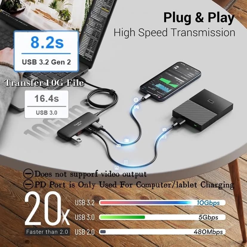 Q QEEFUN USB C Hub 10Gbps, 4-Port USB 3.2 Gen 2 Hub with 2 USB-C & 2 USB-A Ports, 100W PD Charging Port, Aluminum Casing thumbnail 3