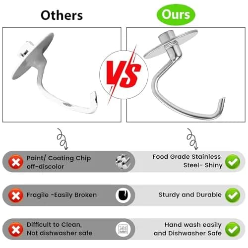 KINGEAGLE Stainless Steel Dough Hook for KitchenAid 4.5-5 QT Tilt-Head Stand Mixers | Dishwasher Safe Metal Kneading Bread Hook Attachment for Kitchen Aid Original Bowl Only, Easy Dough Kneading, Uncoated Design thumbnail 4