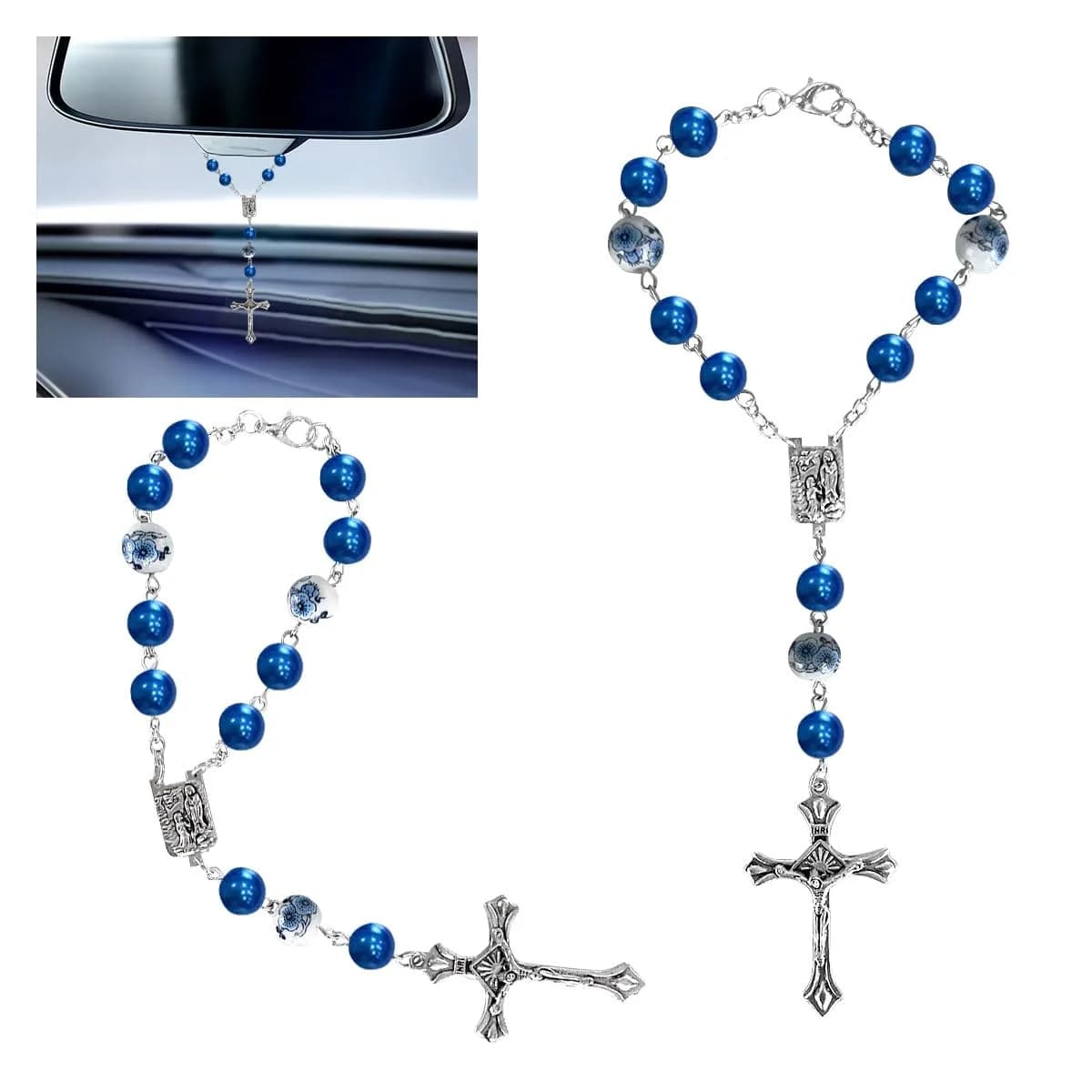 smilfuy 2PCS Car Rosary for Rearview Mirror, Blue Ceramic Beads Pendant | Religious Auto Decor