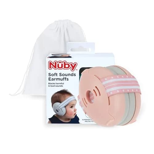 Nuby Baby Earmuffs Pink for Girls 1+ Years, 21dB Noise Reduction | Soft Sounds Travel Bag Included thumbnail 1