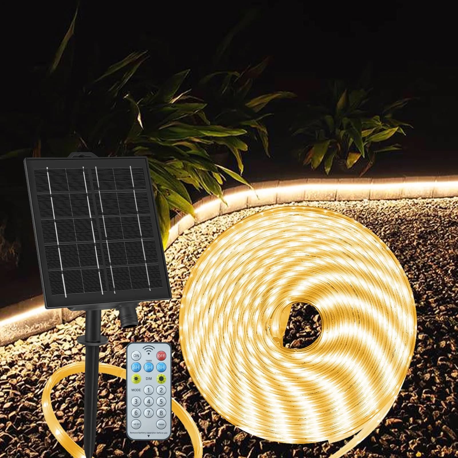 echosari 32.8ft Solar Strip Lights Outdoor Waterproof, 200 LED Warm White | 10m (32.8ft) with Solar Panel & Remote - main product image