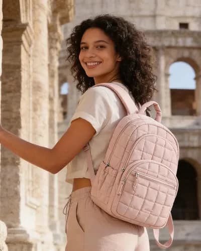 BAGSMART Women's Travel Backpack for 15.6" Laptop, Pink Quilted Casual Daypack | Water-Resistant with Trolley Sleeve thumbnail 6