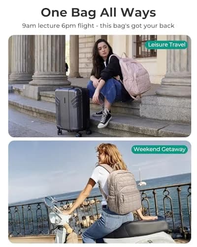 BAGSMART Women's Travel Backpack for 15.6" Laptop, Pink Quilted Casual Daypack | Water-Resistant with Trolley Sleeve thumbnail 8