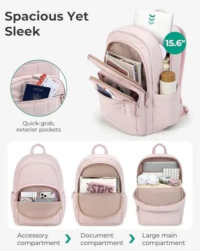 BAGSMART Women's Travel Backpack for 15.6" Laptop, Pink Quilted Casual Daypack | Water-Resistant with Trolley Sleeve thumbnail 2