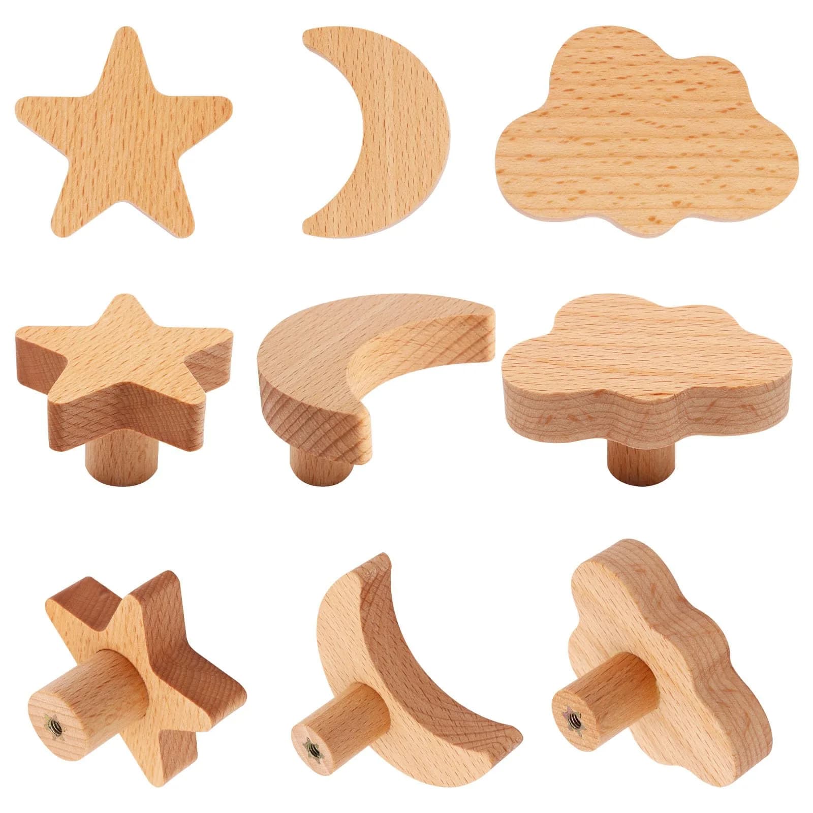 YuGtcen Star and Moon Cabinet Knobs 18-Pack | Woodland Wooden Knobs for Nursery Dressers, Cupboards, and Furniture — Moon/Star/Cloud