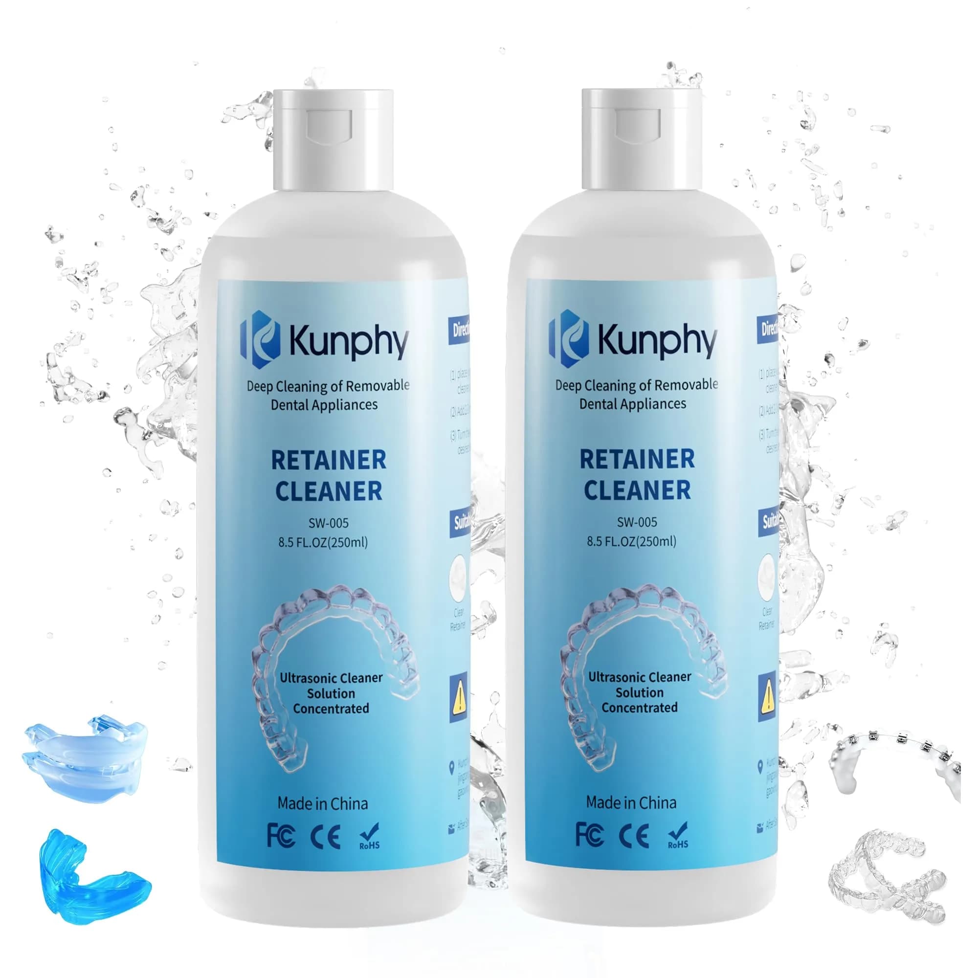 kunphy Ultrasonic Retainer Cleaner Solution 500ml (17 fl oz) | Cleans Aligners, Mouthguards & Dentures