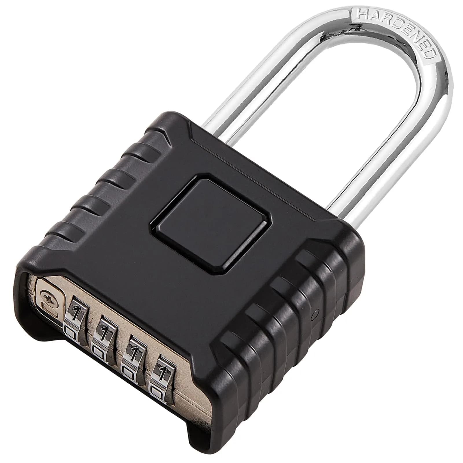 disecu Heavy Duty Long Shackle Combination Lock, 4-Digit Resettable, Weatherproof Outdoor Padlock | 8mm Hardened Stainless Steel Shackle — Black Long