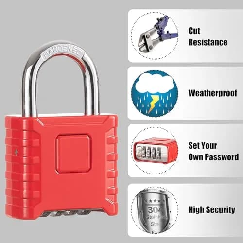 disecu Heavy Duty 4 Digit Combination Lock | Waterproof Outdoor Padlock for School & Gym (Red) thumbnail 4