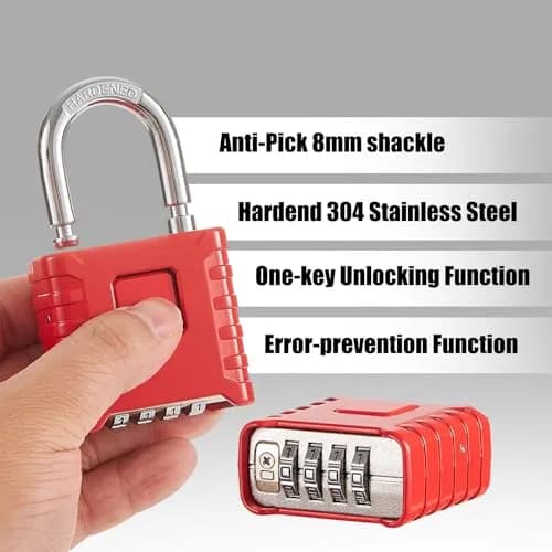 disecu Heavy Duty 4 Digit Combination Lock | Waterproof Outdoor Padlock for School & Gym (Red) thumbnail 3