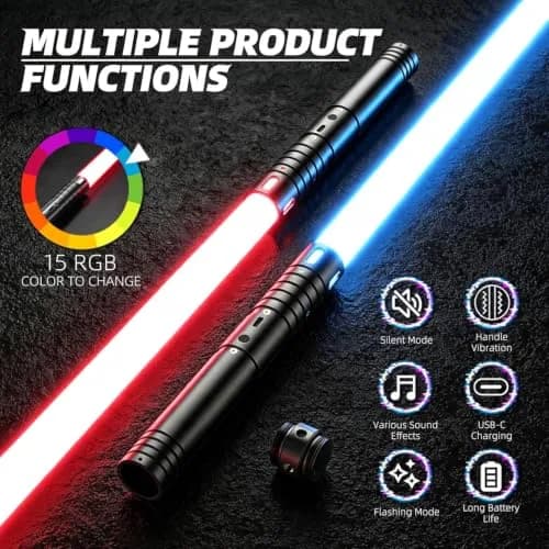 CSNDICE Lightsaber 2 Pack, Metal Hilt, 20 RGB Colors | Dual-Mode Dueling Toy for Kids & Adults thumbnail 3
