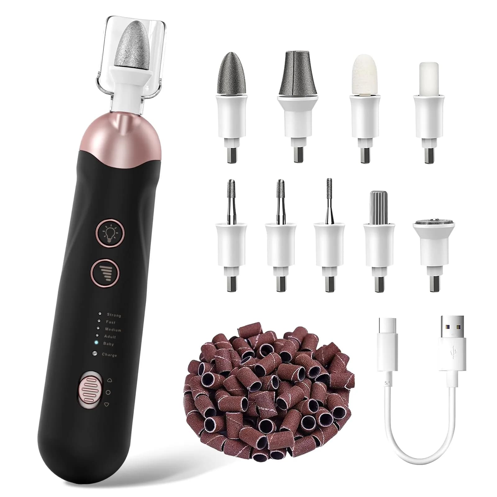 Hoxida Cordless Electric Nail File Set with 360° LED Light, Rechargeable Manicure Pedicure Kit for Feet & Hands, 0-20,000 RPM, Oil-Purple | Professional Salon Quality — Black