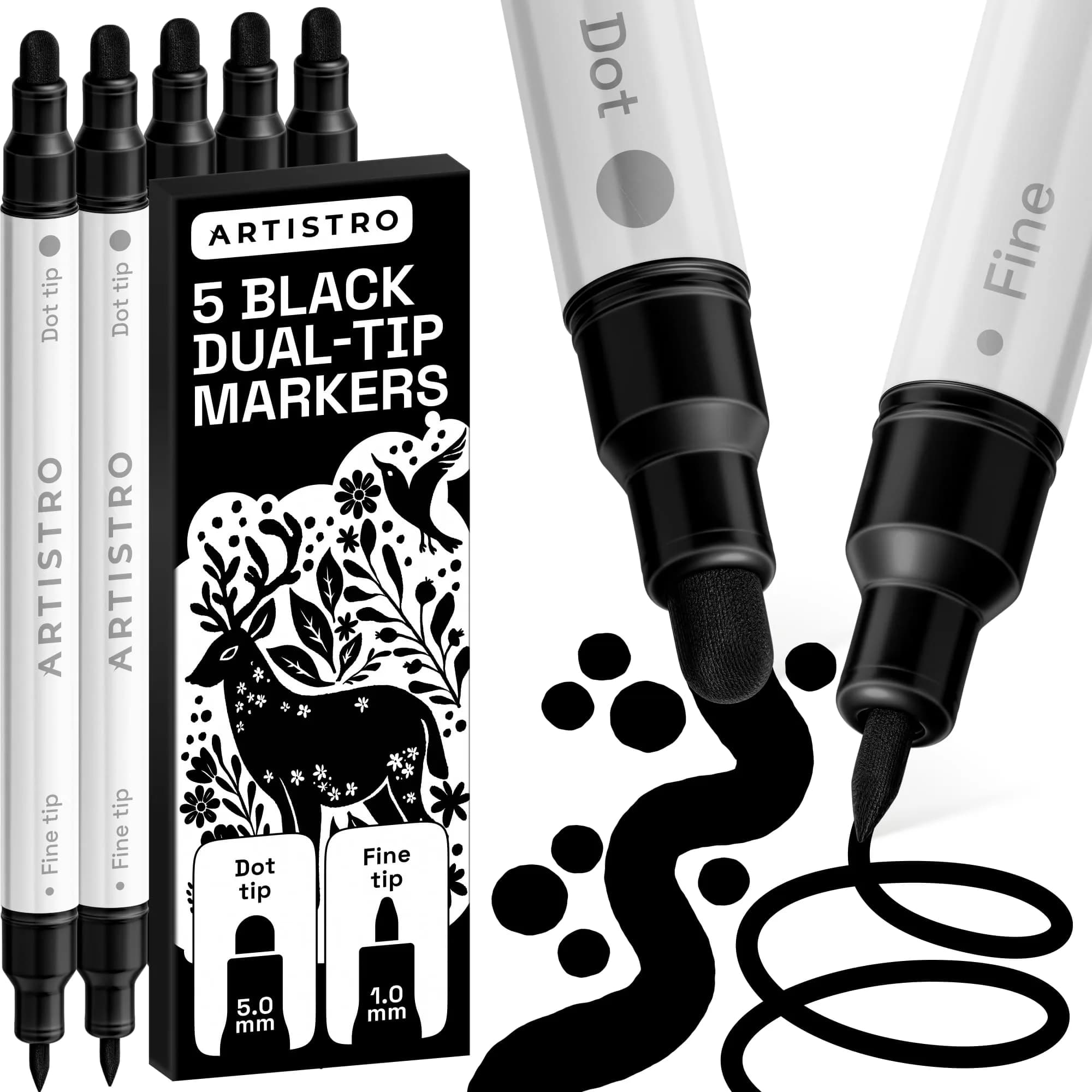 ARTISTRO Dual-Tip Acrylic Paint Markers (5 Black Pens) | Precision Lines & Bold Strokes for Crafts