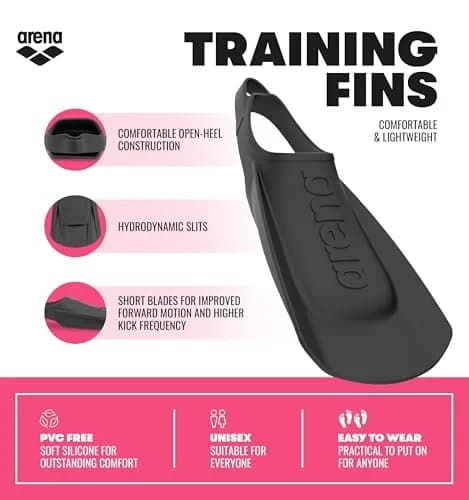 Arena Unisex Adult Lightweight Swim Training Fins for Men and Women Silicone Short Blade Flippers Open Heel Design, Black, 24-27 cm (9.5-10.5) thumbnail 2