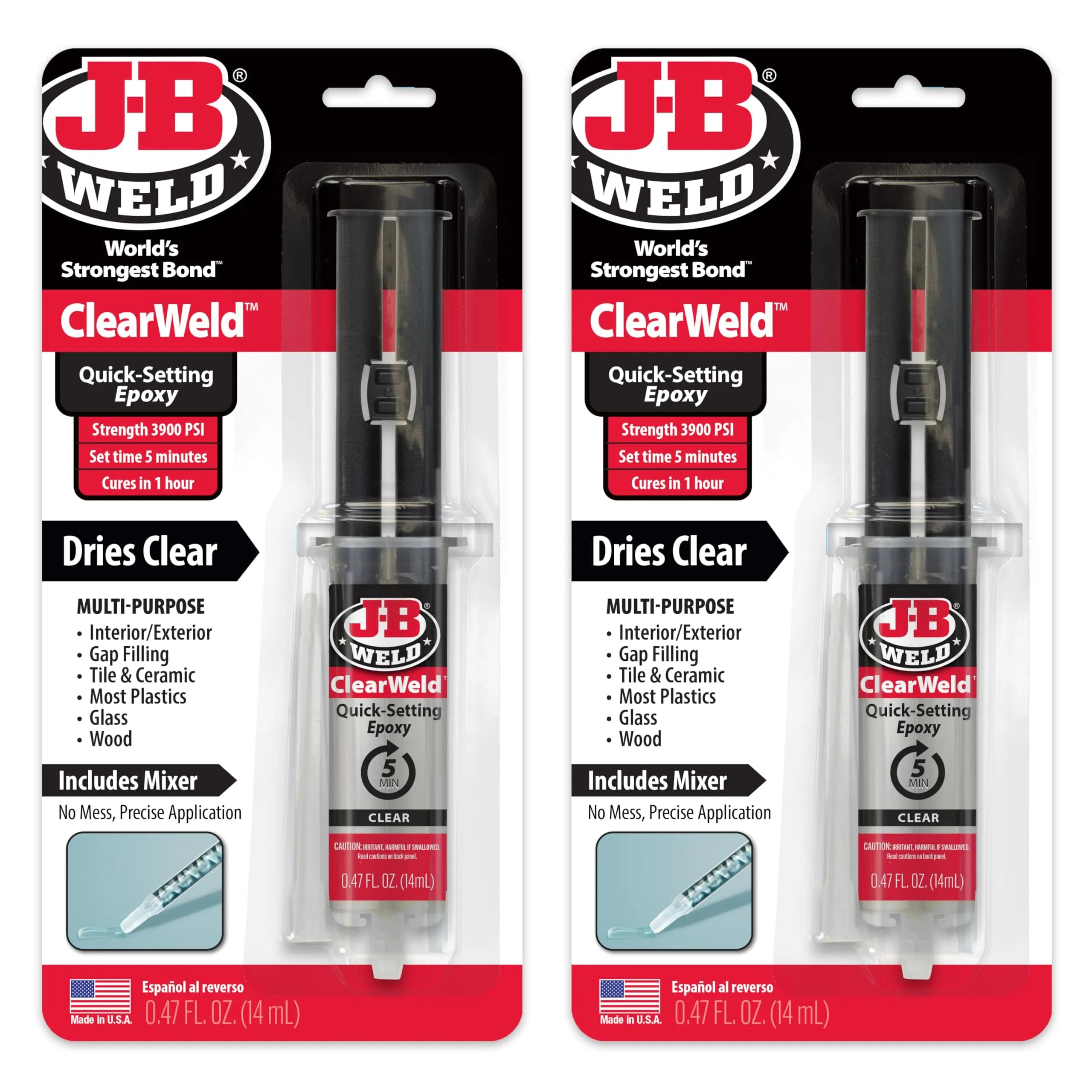 J-B Weld ClearWeld 5 Minute Epoxy 14ml (0.94 Fl Oz) 2-Pack | Strong, Clear, Fast-Setting Adhesive