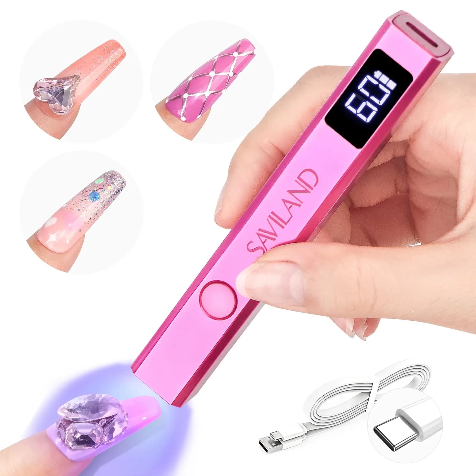 SAVILAND Mini Handheld UV LED Nail Lamp 12W Bright Pink | Fast Gel Curing with 5x Magnifying Lens - main product image