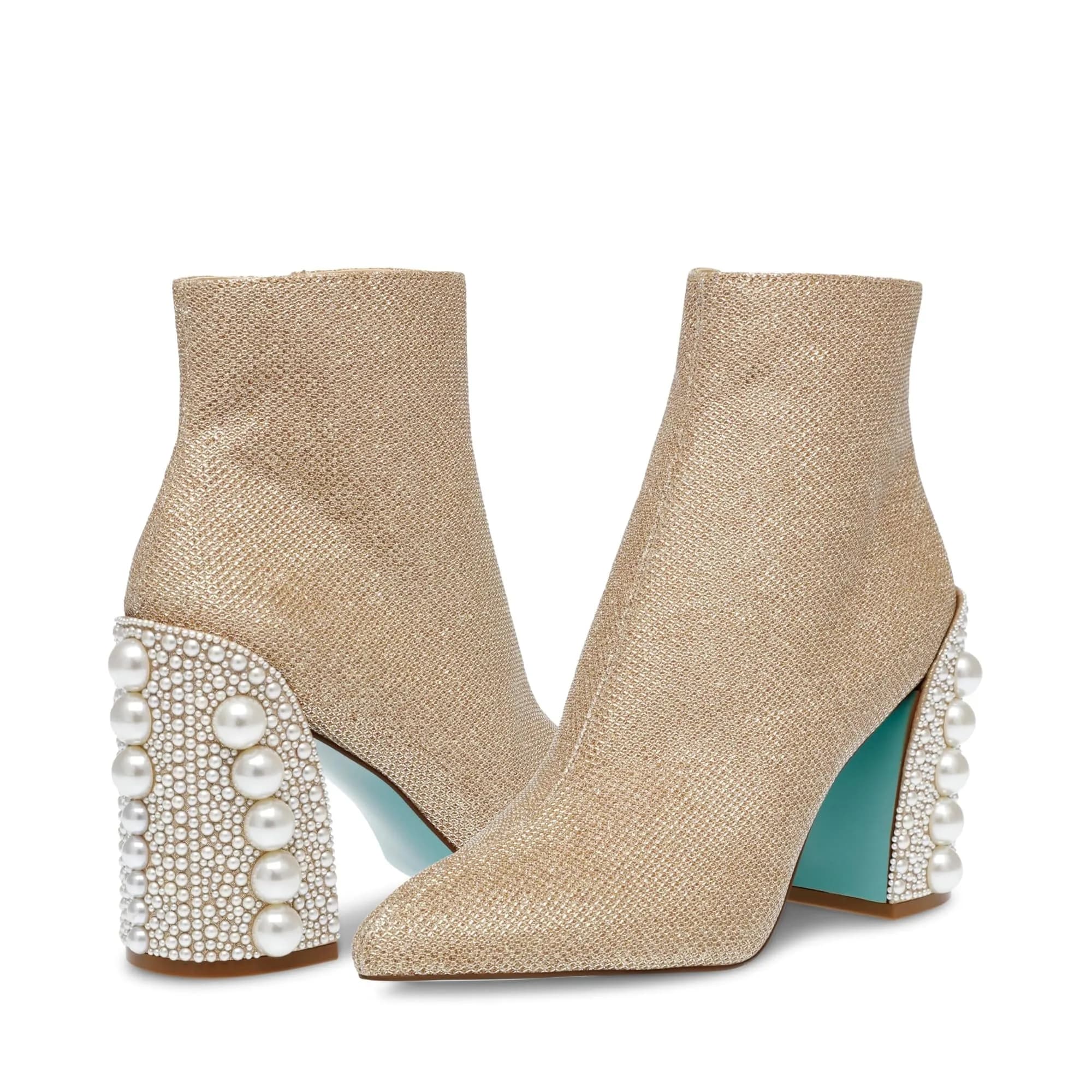Betsey Johnson Kasey Fashion Boot, Gold, 5.5 | Pearl-Encrusted Heel & Ankle-High Style - main product image